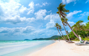 Seascape with tropical palms on beautiful Sao sandy beach in Phu Quoc island, Vietnam
