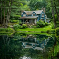 Obraz premium Lakeside Cabin Front with Blue-Stained Wood for Reflective Natural Aesthetics