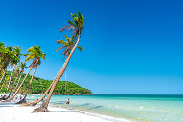 Seascape with tropical palms on beautiful Sao sandy beach in Phu Quoc island, Vietnam