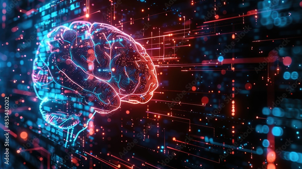 Poster an abstract ai brain banner with neon circuits and data streams, highlighting the innovative aspects