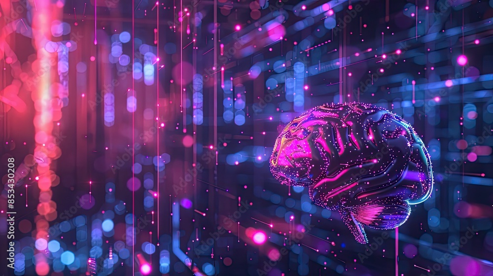 Poster an abstract banner featuring a ai brain with holographic data streams and neon lights, highlighting 