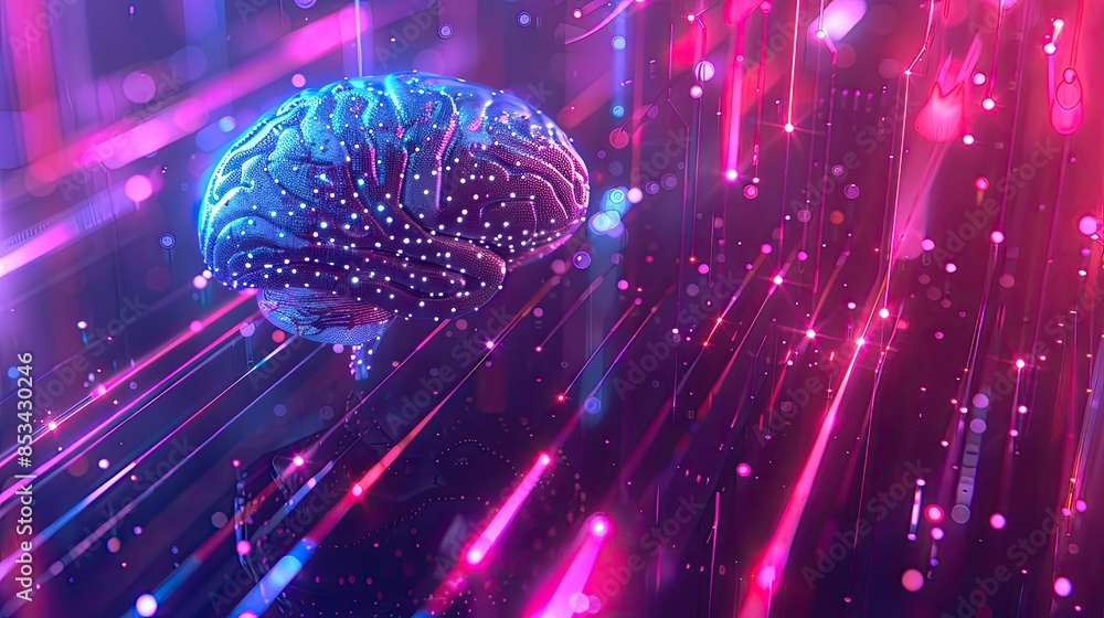 Aufkleber an abstract banner featuring a ai brain with holographic data streams and neon lights, highlighting 