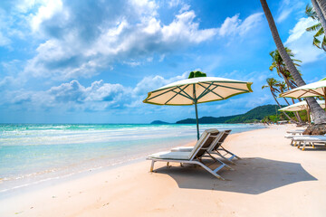 Sunbeds under tropical palms on beach on Phu Quoc island, Vietnam. Beach's smile