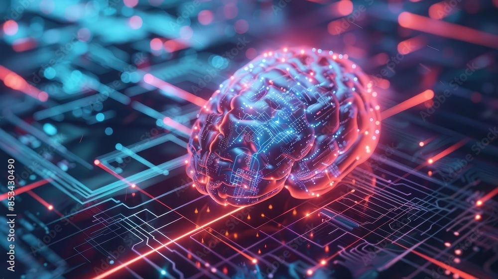 Poster an abstract image of a brain with glowing electronic pathways, highlighting the innovative concept o