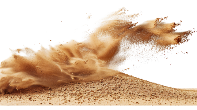 Sand flying, explosion on white background