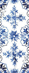 Blue and white azulejo wallpaper, intricate floral and geometric shapes, traditional design.