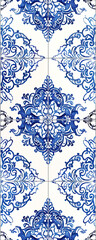 Classic azulejo wallpaper, blue and white, floral and geometric motifs, traditional Portuguese design.