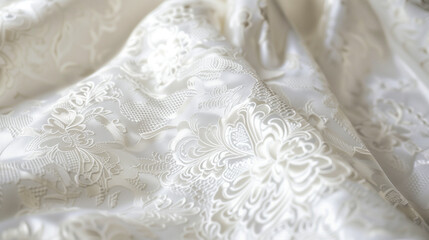 Fototapeta premium Intricate Brocade Fabric: Bridal White Patterns - Close-Up Detail, Minimal Backdrop - Elegant Wedding Textures - Rich and Ornate Visuals - High-Quality Bridal Brocade Imagery