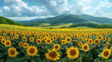  This image depicts a vibrant field of sunflowers basking in the sunlight, with a backdrop of a serene mountain range under a clear blue sky. © Ozil