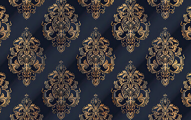 Luxurious damask wallpaper: deep navy, gold motifs, ornate, rich textures, opulent design.