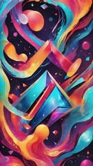 Fototapeta premium A colorful abstract painting with a blue triangle and red and yellow squares. The painting is full of bright colors and has a sense of movement