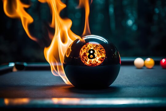 Flaming black eight-ball pool table.