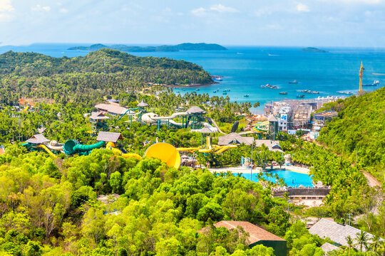 An Thoi, Phu Quoc, Vietnam - April 21st 2024: Sun World Hon Thom nature park, an amusement and recreational water park reached by sea crossing cable car from Phu Quoc Island, Vietnam, Southeast Asia.