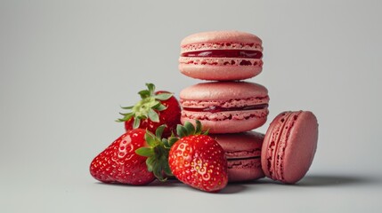Obraz premium Rustic Strawberries and Macarons Delight, Vibrant Colors, Food Blogger Instagram Posts, Wallpaper, banner design, brochure, web, advertising, 