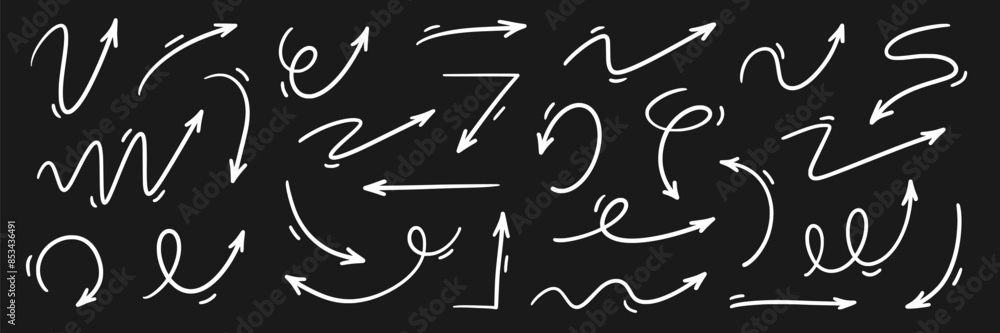 Poster arrow vector hand drawn sketch icon set. doodle sketch drawn chalk direction element set. pencil doo