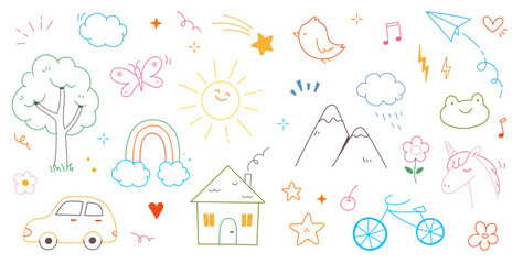 Kid cute doodle set. Cute sun, house, tree kid doodle sketch style vector. Hand drawn sun, car, rainbow elements. Funny children pen outline flower, bird, butterfly. Vector illustration.