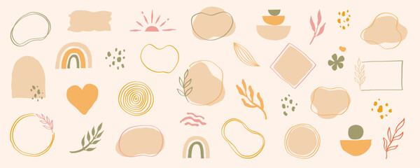 Organic abstract shape vector set. Abstract pastel brush element for logo, background. Organic hand drawn doodle line shape, elegant pastel color label graphic design. Vector illustration.