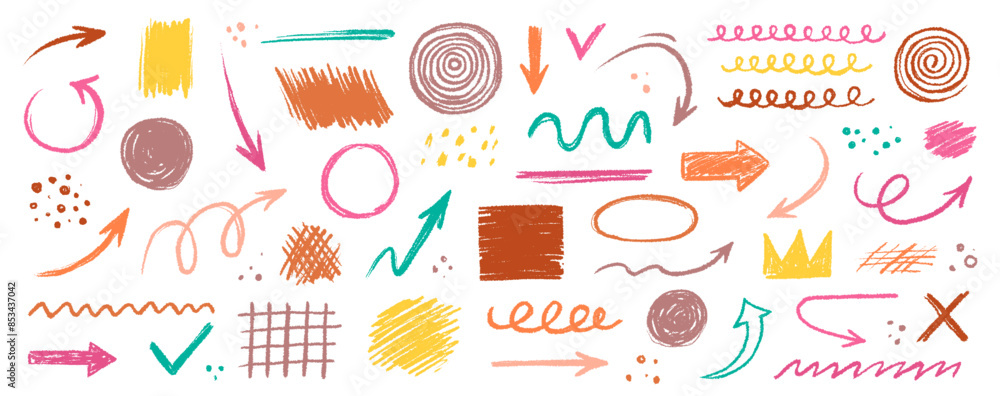 Aufkleber Arrow abstract brush line stroke color vector set. Kid color paint square, spiral, arrow element shape scribble line brush hand drawn sketch design. Grunge abstract chalk, crayon pencil style. Vector