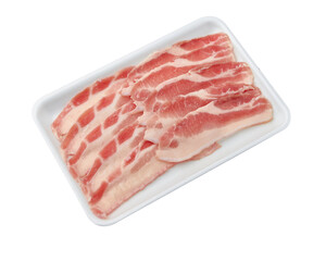 Top view of thinly sliced ​​Kurobuta Pork - Belly with a high layer of fat arranged on white tray isolated on white background.