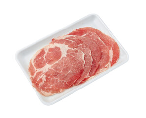 Thinly sliced ​​Kurobuta Pork Neck with a high layer of fat arranged on white tray isolated on white background.