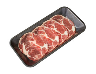 Thinly sliced ​​Kurobuta Pork Neck with a high layer of fat arranged on black tray isolated on white background.