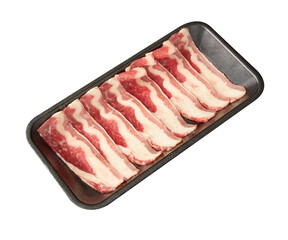 Thinly sliced ​​fresh Beef with a high layer of fat arranged on a black tray isolated on white background.