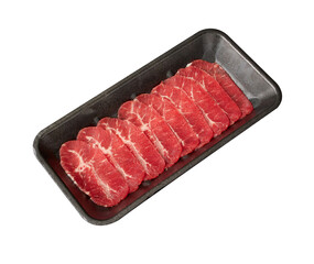 Thinly sliced ​​fresh Oyster Blade (Beef) arranged on a black tray isolated on white background.