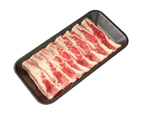 Thinly sliced ​​fresh Beef with a high layer of fat arranged on a black tray isolated on white...