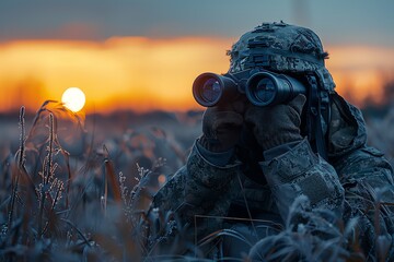 Soldier with binoculars scanning the horizon
