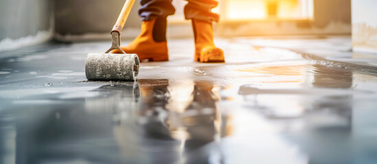 Construction worker using a roller to level a freshly poured concrete floor