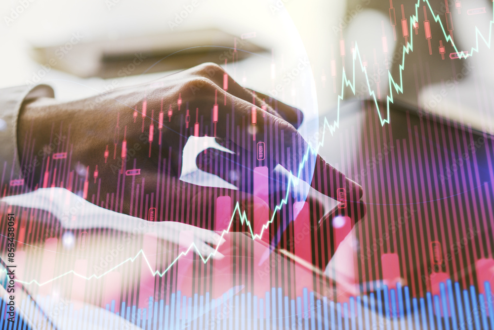 Poster abstract creative financial graph with world map and finger clicks on a digital tablet on background
