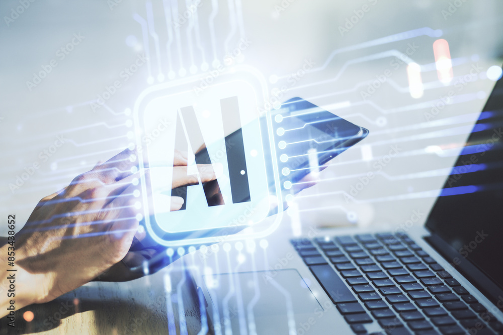 Poster double exposure of creative artificial intelligence icon with finger clicks on a digital tablet on b