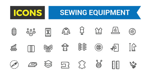 Sewing equipment and needlework icon set. Outline icons pack. Editable vector icon and illustration.