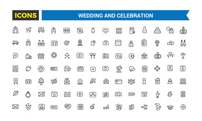 Wedding and celebration icon set. Outline icons pack. Editable vector icon and illustration.