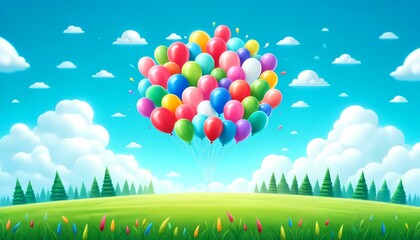 landscape with balloons in the sky illustration 2d