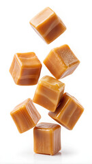 Falling caramel cubes isolated on white background, selective focus, clipping path