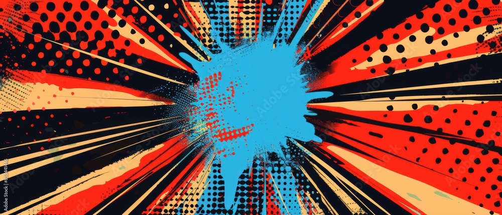 Poster pop art-style explosion with a blue center and red and black lines, featuring dotted patterns, perfe