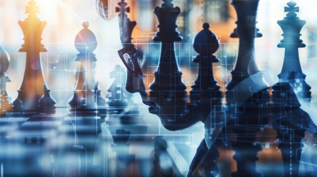 Professional in an office environment, concentrating on chess strategies, integrated with planning charts in double exposure, all in calming hues