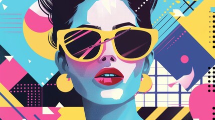 80s inspired illustration of a model with sunglasses, surrounded by colorful geometric patterns, capturing the essence of retro fashion
