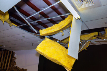 Damaged ceiling is demolition project during renovation of commercial building