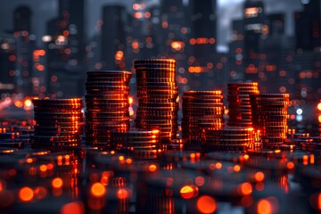 Obraz premium 3D rendering of stacks coins on city background, orange light, bokeh effect, high resolution photography 