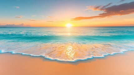 Obraz premium A vibrant sunset paints the sky over a tranquil ocean, with gentle waves lapping at the sandy shore.