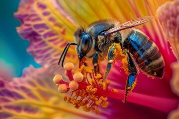 Fototapeta premium Macro photograph capturing the busy work of a bee worker as it collects pollen from a colorful flower.