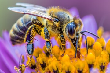 Naklejka premium Macro photograph capturing the busy work of a bee worker as it collects pollen from a colorful flower.