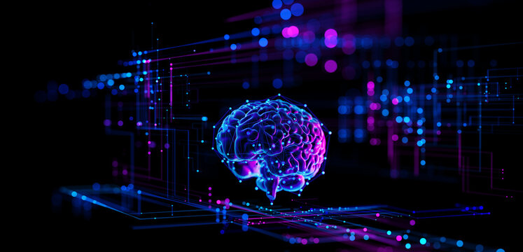 Digital Brain Hologram Hud. Artificial intelligence AI machine deep learning. Business Technology Internet Network Concept