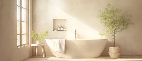 Modern minimalist bathroom with a freestanding bathtub, natural light, and greenery for a serene, spa-like atmosphere.