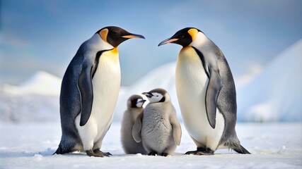 Obraz premium Penguins Playing with Baby on Snow, White Background