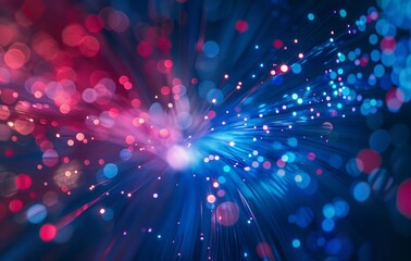Abstract blurred background with fiber optic lights, blue and red colors