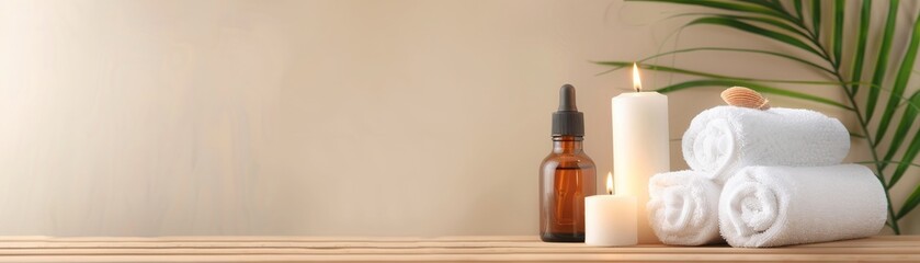 Spa setting with towels, candles and essential oil.