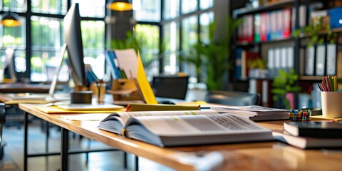 business brochure on mahogany desk, busy office.